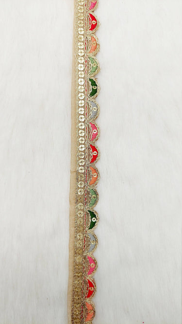 Beige Art Silk Scallop Fabric Lace Trim with Sequins and Multicolour Embroidery, Sari Border, Trim By 3 Yards